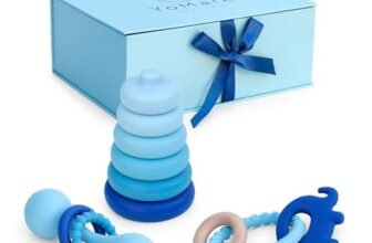 YoMark Upscale Baby Gift Set for Baby Shower Gender Reveal or Newborn Boy Teether Rattle and Ring Stack
