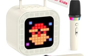 PKBD Mini Karaoke Machine for Kids Adults, with 2 Wireless Microphones and Screen, Kids Gifts for Kids & Adults, Karaoke Microphone with LED Lights, Birthday Toy Gift for Girls Boys Party-Beige
