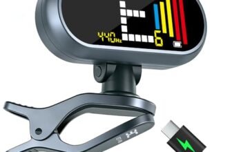 EX Professional Rechargeable Clip-On Guitar Tuner with LCD Screen – Chromatic Clip on Tuner for Acoustic Guitar, Bass Guitar, Ukulele, Violin & Chromatic, Gray