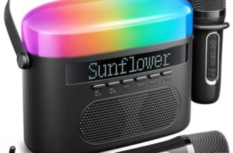 Karaoke Machine for Kids & Adults with 2 Wireless Mics 2400mAh Portable Bluetooth Karaoke Speaker with Timer White Noise & Night Light High Power Dual Speaker LED Display Home & Outdoor Party – Black