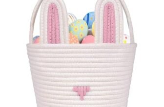 Poschnor Large Easter Basket Empty with Gift Bags and Ribbons, Easter Bunny Basket for Kids, Woven Cotton Rope Storage Bins for Organizing, Pink