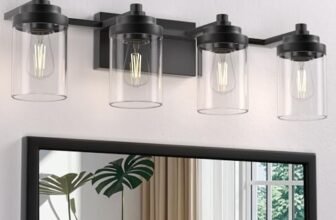 Esfos Bathroom Vanity Light Fixture, 4-Light Modern Black Vanity Light Fixtures with Clear Glass Shade, Matte Black Bathroom Light Fixtures Over Mirror, Rustic Restroom Lighting Fixtures