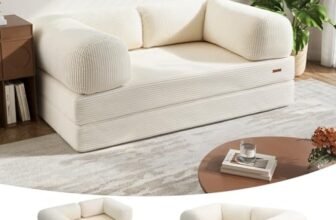 COMAX 4‑in‑1 Futon Sofa Bed Queen – Floor Foldable Convertible Sofa Couch with L‑Shaped Armrests, Removable Cover, Convertible Guest Bed | Space‑Saving Fold‑Out Mattress Lounge for Living Room, Beige