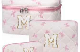 Junesters Initial Makeup Bag Set, Personalized Quilted Makeup Bag, Large Floral Cosmetic Bag for Women, Cute Cotton Custom Make up Bags, Flower Travel Toiletry Bag Teen Girl Gift Pink Butterfly M