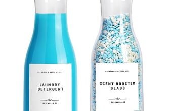 GIXSEGIE Laundry Detergent Dispenser Bottle 20oz with Waterproof Label for Laundry Detergent Soap Fabric Softener Bleach Scent Booster Beads, Sturdy PET Bottle for Laundry Room Decor 2 Pack White