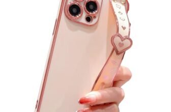 IDweel for iPhone 14 Pro Max Case with Adjustable Wristband Strap Kickstand Loop Heart Luxury Plating,Raised Corners Bumper Shockproof Slim Fit Durable Cover for Women Girls,Rose Gold