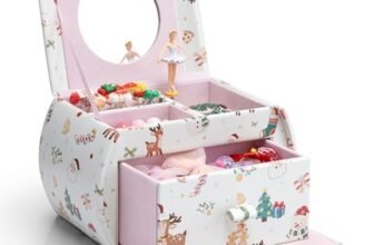 Vlando Kids Musical Jewelry Box for Girls with Drawer, Music Box with Ballerina and Stickers for Birthday Bedroom Decor, Christmas Gifts for Girls Kids – Christmas White