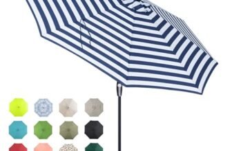 Tempera 9ft Patio Market Outdoor Table Umbrella with Auto Tilt and Crank, Large Sun Umbrella with Sturdy Pole & Fade Resistant Canopy, Easy to Set, Blue White Stripe