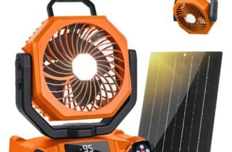 20000mAh Solar Camping Fan, Portable Rechargeable Battery & Solar Powered Fan with 7W Solar Panel, Remote Control, Auto Oscillating, LED Display, Light, Timer for Outdoor Camp, Beach, Travel Tent