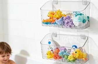 Eunion Bath Toy Storage Organizer, Bathtub Toy Storage Holder, Large Capacity Wall Mounted Shower Caddy Shower Organizer, No Drill Shelves Basket, Wave, 2 Pack