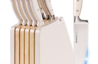 Astercook Knife Set, Kitchen Knife Set with Block and Sharpener, 12 Pcs Ultra-Sharp High Carbon Stainless Steel Knife Block Set with Non-Slip Full Tang Ergonomic Handle, Cream White Cutlery Set