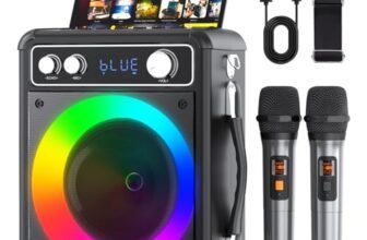 VOSOCO Karaoke Machine, Portable Bluetooth Karaoke Speaker with 2 Wireless Microphones, PA System for Adults Kids with LED Lights & Echo Adjustment, Supports TWS/TF/USB/AUX for Home Party