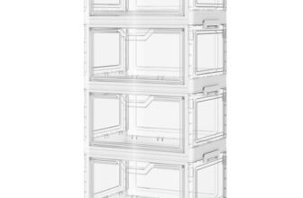 SNSLXH Portable Clear Storage Bins with Lid & Wheels, 24QT Clear Storage Bins with Lid, 4-Tier Plastic Bins with Wheels, Stackable, Magnetic Doors, for Bedroom, Living Room, Office