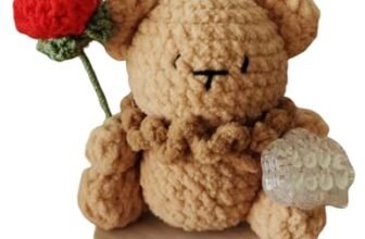 Handmade Crochet Cute Bear with a Rose,Knitted Rose Bear