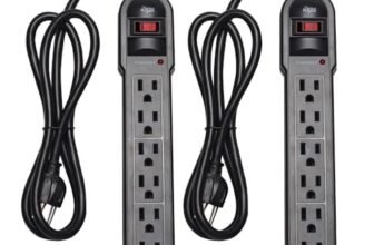 KMC 6-Outlet Surge Protector Power Strip 2-Pack, 900 Joules, 4-Foot Extension Cord, Overload Protection, Black