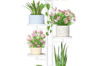 LASZOLA White 4 Tiered Plant Stand Indoors Heavy Duty Metal Rack, Sturdy Multi Level Shleving Hold Flowers, Larger House Decorate Ladder for Planting Inside Tree Herb Cactus, Wooden Base, Space Saving