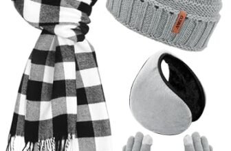 Aneco Winter Warm Knitted Sets Buffalo Plaid Scarf Beanie Hat Touch Screen Gloves and Winter Ear Warmer Set for Men or Women