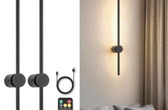 Pasoar Battery Operated Wall Sconce Set of Two, USB Rechargeable LED Wall Lights with Remote Control, Dimmable Cordless Wall Lamp Indoor, 360° Rotation for Living Room, Bedroom, Black 23.6 Inches