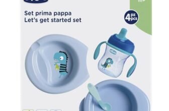 Chicco Set per la Pappa Composto da Tazza Training Cup, Primo Cucchiaio, Piatto Pappa Calda, Piatto Pappa Facile, Età 6 Mesi +, Blu, Versione per Bimbo