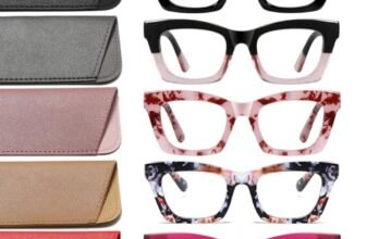 Hubeye 5 Pairs Oprah Style Square Reading Glasses for Women Men Blue Light Blocking Computer Readers with leather case +2.75