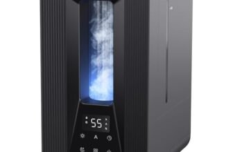 AROEVE 5L Umidificatore Ambiente, Nebbia Fresca Ricarica Dall’Alto Umidificatore Ultrasonico con Diffusore Aromi, Igrostato Smart, Luce Ambientale, 50h/25dB Silenzioso per Casa ufficio Bambini Piante