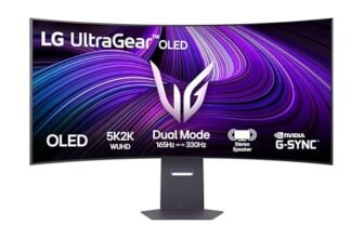 LG UltraGear OLED 45GX950A Monitor Gaming 45″ 5K2K (5120×2160), 21:9 Curvo, 165Hz, Dual Mode, 0,03ms (GtG), Speaker Stereo 10W, G-Sync, FreeSync Premium Pro, HDMI 2.1, DisplayPort 2.1, USB-C, Nero