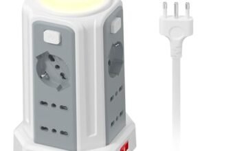 2 M Ciabatta Elettrica Multipresa con Luce Notturna 12 Prese Universali 10/16A ITA e Schuko e 3 USB A+1 USB C Protezione Sovratensione con 4 Interruttori Indipendenti per L’ufficio, La casa