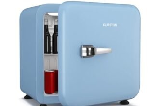 Klarstein Audrey Evo 43L – Minifrigo Rétro, Silenzioso: 40 dB, Termostato Regolabile, Sportello Reversibile, Mini Frigo da Camera & Ufficio, Compatto, Bianco