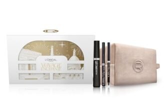 L’Oréal Paris Beauty Regalo Make Up con Mascara Telescopic Classico Nero, Eyeliner Infaillible Precision Felt Black e Matita Occhi Infaillible Grip Liner Black, Con Beauty Champagne in Velluto