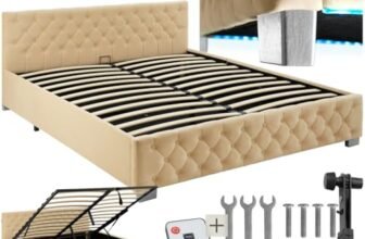 tectake® Letto Matrimoniale Imbottito con Rete a Doghe, Letto Contenitore Matrimoniale e Illuminazione LED, Struttura in Acciaio, Velluto Trapuntato Chesterfield, con Telecomando, 180×200 cm – Beige