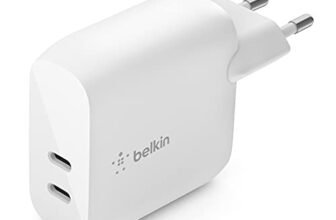 Belkin Caricabatteria da parete USB Type C PD da 40 W (2 porte USB-C, 20 W per porta, ricarica rapida PD per iPhone 14/14 Plus, 13, 12, iPad Pro, Galaxy e altri)