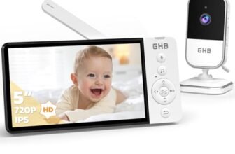 GHB Baby Monitor Video e Audio 5″ 720P HD 5000mAh IPS Schermo, Telecamera Bambini con Monitor Visione Notturna Rilevamento della Temperatura Ninne Nanne Integrate