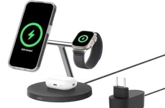Belkin BoostCharge Caricatore 3 in 1 con Qi2, base di ricarica wireless compatibile con MagSafe, caricatore iPhone 17, Air, Pixelsnap, Apple Watch e AirPods, alimentatore incluso – Nero