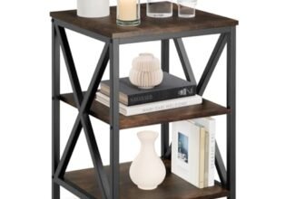 tectake® Tavolino Salotto Versatile 40,5×40,5×60,5cm, Tavolino da Salotto o Comodino 3 Ripiani, per Soggiorno, Divano, Camera da Letto, Ufficio Ideale Libri e Piante, Stile Industriale – Legno Scuro