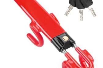 Tevlaphee Blocca Sterzo Automobile, Bloccasterzo Auto, Alta Visibilità, Resistente, Vestibilità universale, Lunghezza Regolabile, 3 Chiavi(Rosso)