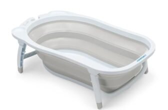 Foppapedretti Vaschetta da bagno Pieghevole Soffietto, Morbida, Comoda e Pratica, per bambini dalla nascita fino a 15 kg, Greige