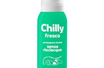 Chilly Senza Risciacquo, Detergente Intimo Senza Risciacquo Fresco, Da usare sulla Carta Igienica, Formula in Mousse a pH5, Arricchito con mentolo naturale, Con Anti-Odor, Clinicamente Testato – 100ml