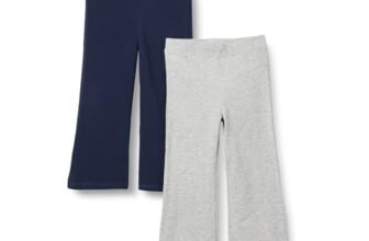 Amazon Essentials Leggings a Zampa da Ragazza, vestibilità Aderente, in Maglia, Confezione da 2, Blu Navy/Grigio Chiaro, Taglia S