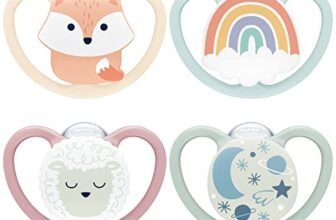 NUK Space Day & Night ciuccio | 0-6 mesi | Succhietti che si illuminano al buio con ventilazione extra per pelli delicate | Silicone senza BPA | Volpe & Pecora | 4 pezzi