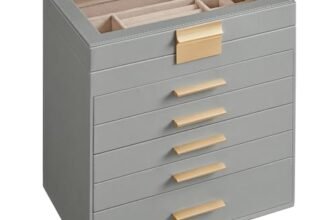 SONGMICS Scatola Portagioie, 6 Livelli, Coperchio in Vetro, 5 Cassetti, Porta Gioielli, Occhiali da Sole e Accessori Grandi, Moderno, Grigio Tortora e Dorato JBC171G01