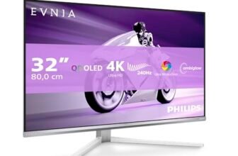 Philips Monitor 32M2N8900 31.5 pollici 3840×2160, UHD, 240Hz, QD-OLED Panel, 0.03ms GtG, USB-C Speakers (HDMI2x 2.1 DP 1x 1.4) Adaptive Sync, HDR400 TrueBlack, FreeSync Prem. Pro, G-Sync Comp, Argento