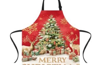 CRYSLOVE Grembiule Natalizio,Grembiule Cucina Donna Regolabile Grembiuli con 2 Tasche per Cucina Barbecue Festa di Natale Regalo di Natale (Albero di Natale – Renne)