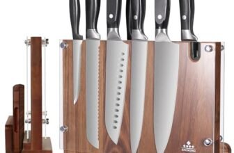 ENOKING Grande Ceppo Coltelli da Cucina, Porta Coltelli Cucina Doppio Lato Magnetico con Schermo Acrilico, Ceppo Coltelli Vuoto con Affilacoltelli, Portacoltelli da Cucina Magnetico in Legno di Acacia