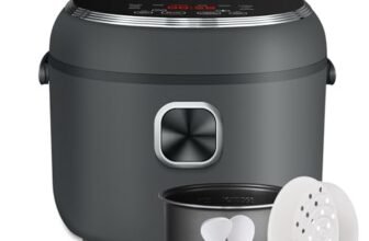 AMZCHEF Cuociriso 2L, Elettrico con 12 Menu Preimpostati, Display Digitale, 4 Tazze (1-4 persone), Timer 24h, Funz. Mant. Caldo 12h, Manico Trasporto, Cestello Cott. a Vapore, 400W