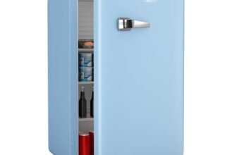 Klarstein Audrey Evo 112L – Frigorifero Piccolo, Design Rétro, Silenzioso: 40 dB, Termostato Meccanico, Sportello Reversibile, Mini Frigo da Camera & Ufficio, Blu