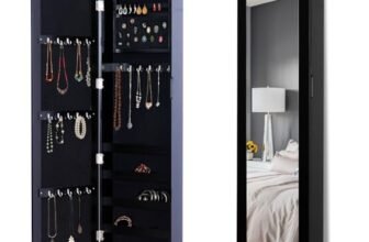 HOMCOM – Armadio Portagioielli da Parete con Specchio in Legno MDF, Nero,37×9.5x121cm