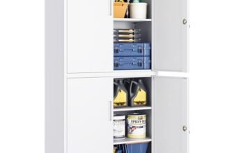 SONGMICS Armadietto Garage a 5 Ripiani con 4 Ante, Armadio Ufficio, 40 x 80 x 180 cm, 2 Serrature, Ripiani Regolabili, Armadio Metallo, Bianco Opaco OMC016WG01