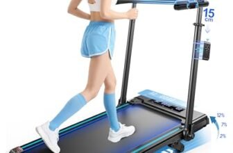 Tapis Roulant Elettrico Piehevole, 6 IN 1 Tapis Roulant Salvaspazio 1-12km/h con Inclinazione 12%, 3,0 HP, Maniglia Telescopica da 15 cm e Cintura Luminosa RGB, Carico Massimo 150 kg
