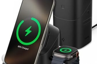 Spigen Essential MagFit Qi2 Caricatore Wireless 3-in-1 15W, Stazione di Ricarica Magnetica con Rotazione Touch per iPhone 17/16/15/14 Pro Max 17e Samsung Galaxy S26 Ultra Plus, AirPods e Apple Watch