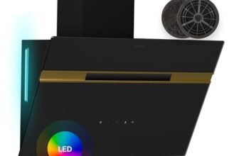 Klarstein Alina – Cappa Aspirante, 60cm Cappa a Parete, 600 m³/ora, LED 9 Colori, Touchscreen, Classe A, 52 dB, Nero-Oro, Ricircolo & Scarico